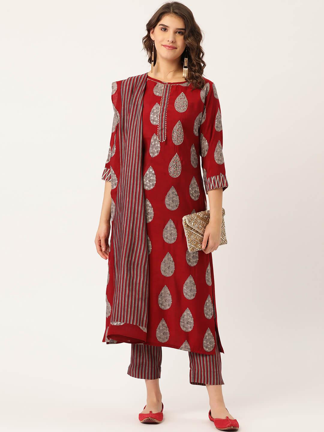 Buy Carmine Grey Rayon Suit Set with Adda Work Detail+Dupatta