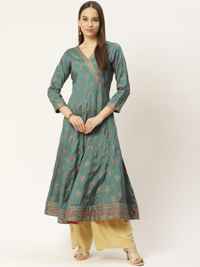 Blue & White Pure Cotton Ethnic Maxi Dress With Dupatta - Maaesa Clothing